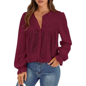 PRETTYGARDEN Lace Long Sleeve Shirts Fall Outfits for Women 2025 Casual Button Down Going Out Tops Hollow Out Eyelet Blouses(Jujube Red)