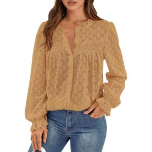 PRETTYGARDEN Lace Long Sleeve Shirts Fall Outfits for Women 2025 Casual Button Down Going Out Tops Hollow Out Eyelet Blouses(Khaki)