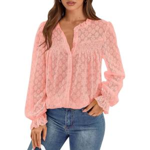 PRETTYGARDEN Lace Long Sleeve Shirts Fall Outfits for Women 2025 Casual Button Down Going Out Tops Hollow Out Eyelet Blouses(Pink)