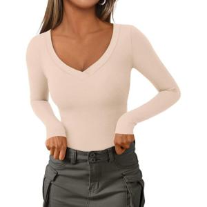 PRETTYGARDEN Long Sleeve Shirts for Women 2025 Fall Fashion V Neck Going Out Tops Slim Fit Basic Tees Y2K Clothes(Apricot)