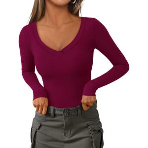 PRETTYGARDEN Long Sleeve Shirts for Women 2025 Fall Fashion V Neck Going Out Tops Slim Fit Basic Tees Y2K Clothes(Burgundy)