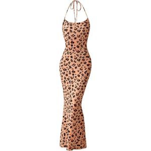 PRETTYGARDEN Maxi Dresses for Women 2025 Summer Halter Leopard Print Backless Sexy Bodycon Cocktail Beach Long Dress(Khaki Leopard)
