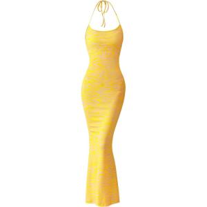 PRETTYGARDEN Maxi Dresses for Women 2025 Summer Halter Leopard Print Backless Sexy Bodycon Cocktail Beach Long Dress(Zebra Yellow)