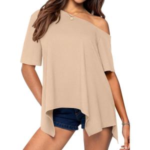 PRETTYGARDEN Off The Shoulder Tops for Women Summer 2026 Short Sleeve Asymmetrical Oversized Tee Shirts Casual Spring Clothes(Beige)