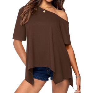 PRETTYGARDEN Off The Shoulder Tops for Women Summer 2026 Short Sleeve Asymmetrical Oversized Tee Shirts Casual Spring Clothes(Brown)