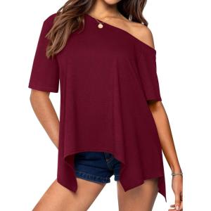PRETTYGARDEN Off The Shoulder Tops for Women Summer 2026 Short Sleeve Asymmetrical Oversized Tee Shirts Casual Spring Clothes(Burgundy)