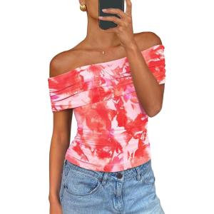PRETTYGARDEN Off The Shoulder Tops for Women Summer Short Sleeve Ruched Slim Fit Shirts Blouses Y2K Going Out Top(Floral Light Orange)