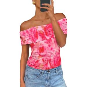 PRETTYGARDEN Off The Shoulder Tops for Women Summer Short Sleeve Ruched Slim Fit Shirts Blouses Y2K Going Out Top(Floral Pink)