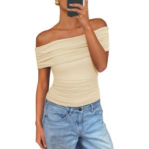 PRETTYGARDEN Off The Shoulder Tops for Women Summer Short Sleeve Ruched Slim Fit Shirts Blouses Y2K Going Out Top(Light Apricot)