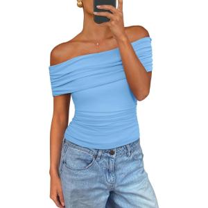 PRETTYGARDEN Off The Shoulder Tops for Women Summer Short Sleeve Ruched Slim Fit Shirts Blouses Y2K Going Out Top(Light Blue)