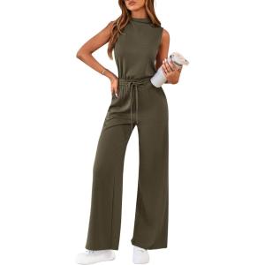 PRETTYGARDEN One Piece Jumpsuits for Women Dressy Summer Business Casual Outifts Sleeveless Mock Neck Wide Leg Rompers(Army Green)