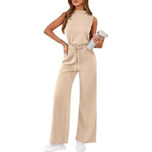 PRETTYGARDEN One Piece Jumpsuits for Women Dressy Summer Business Casual Outifts Sleeveless Mock Neck Wide Leg Rompers(Beige)