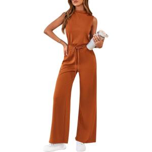 PRETTYGARDEN One Piece Jumpsuits for Women Dressy Summer Business Casual Outifts Sleeveless Mock Neck Wide Leg Rompers(Brick Red)