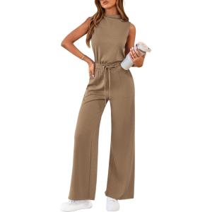 PRETTYGARDEN One Piece Jumpsuits for Women Dressy Summer Business Casual Outifts Sleeveless Mock Neck Wide Leg Rompers(Khaki)