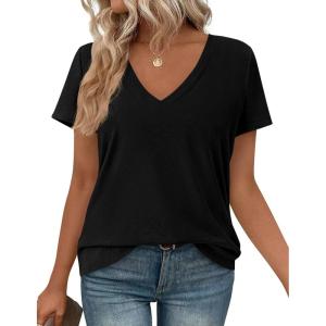PRETTYGARDEN Oversized Tshirts Shirts for Women Summer Tops 2026 Casual Short Sleeve V Neck Loose Basic Tees Spring Clothes(Black)