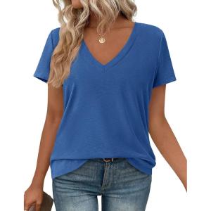 PRETTYGARDEN Oversized Tshirts Shirts for Women Summer Tops 2026 Casual Short Sleeve V Neck Loose Basic Tees Spring Clothes(Blue)