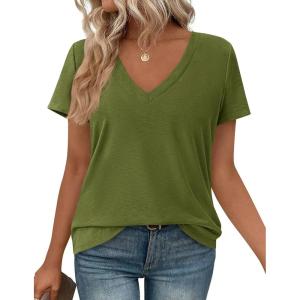 PRETTYGARDEN Oversized Tshirts Shirts for Women Summer Tops 2026 Casual Short Sleeve V Neck Loose Basic Tees Spring Clothes(Green)