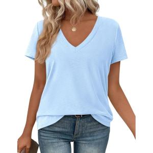 PRETTYGARDEN Oversized Tshirts Shirts for Women Summer Tops 2026 Casual Short Sleeve V Neck Loose Basic Tees Spring Clothes(Light Blue)