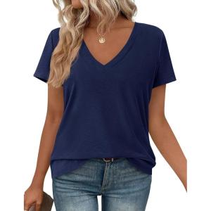 PRETTYGARDEN Oversized Tshirts Shirts for Women Summer Tops 2026 Casual Short Sleeve V Neck Loose Basic Tees Spring Clothes(Navy Blue)