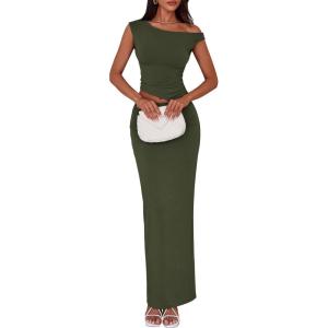 PRETTYGARDEN Skirt Sets Women 2 Piece Outfits Summer 2025 One Shoulder Sexy Ruched Bodycon Maxi Long Skirts(Army Green)