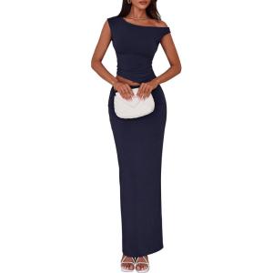PRETTYGARDEN Skirt Sets Women 2 Piece Outfits Summer 2025 One Shoulder Sexy Ruched Bodycon Maxi Long Skirts(Navy)