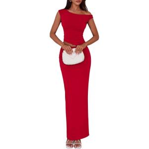 PRETTYGARDEN Skirt Sets Women 2 Piece Outfits Summer 2025 One Shoulder Sexy Ruched Bodycon Maxi Long Skirts(Red)