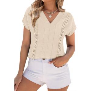 PRETTYGARDEN Spring Tops for Women 2026 Summer Fashion Clothes Dressy Casual Blouses Cap Sleeve V Neck Shirts Work Outfits(Beige)