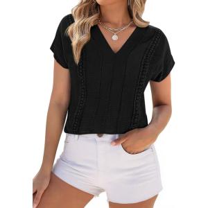 PRETTYGARDEN Spring Tops for Women 2026 Summer Fashion Clothes Dressy Casual Blouses Cap Sleeve V Neck Shirts Work Outfits(Black)