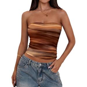 PRETTYGARDEN Strapless Tube Tops for Women 2026 Summer Mesh Floral Y2K Bandeau Cute Crop Top Trendy Going Out Outfits(Brown Floral)