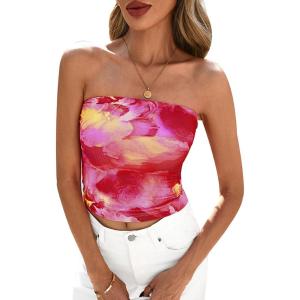 PRETTYGARDEN Strapless Tube Tops for Women 2026 Summer Mesh Floral Y2K Bandeau Cute Crop Top Trendy Going Out Outfits(Rose Red)
