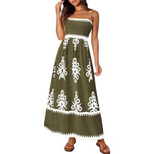 PRETTYGARDEN Summer Dress for Women 2026 Floral Sundress Spaghetti Strap Flowy Beach Vacation Boho Maxi Dresses(Army Green White Floral)