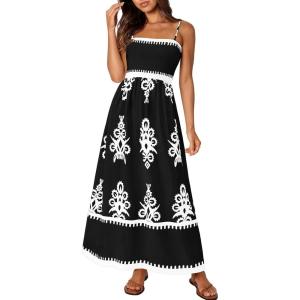 PRETTYGARDEN Summer Dress for Women 2026 Floral Sundress Spaghetti Strap Flowy Beach Vacation Boho Maxi Dresses(Black White Floral)