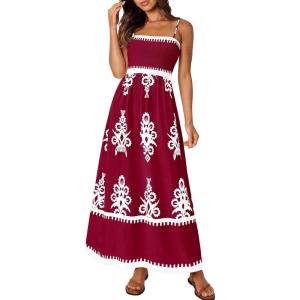PRETTYGARDEN Summer Dress for Women 2026 Floral Sundress Spaghetti Strap Flowy Beach Vacation Boho Maxi Dresses(Burgundy White Floral)