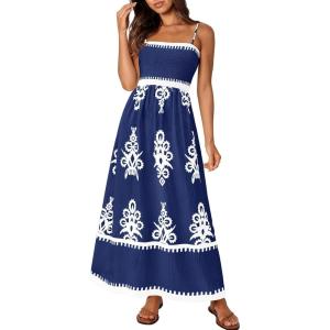PRETTYGARDEN Summer Dress for Women 2026 Floral Sundress Spaghetti Strap Flowy Beach Vacation Boho Maxi Dresses(Dark Blue White Floral)