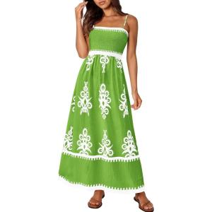 PRETTYGARDEN Summer Dress for Women 2026 Floral Sundress Spaghetti Strap Flowy Beach Vacation Boho Maxi Dresses(Green Floral)