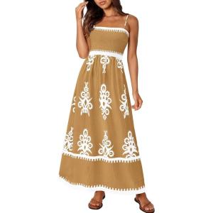 PRETTYGARDEN Summer Dress for Women 2026 Floral Sundress Spaghetti Strap Flowy Beach Vacation Boho Maxi Dresses(Khaki Floral)