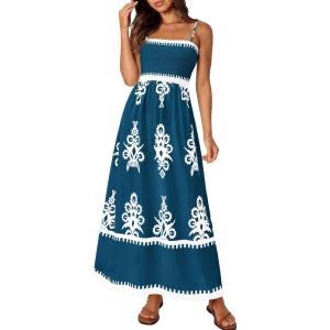 PRETTYGARDEN Summer Dress for Women 2026 Floral Sundress Spaghetti Strap Flowy Beach Vacation Boho Maxi Dresses(Lake Blue White Floral)
