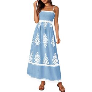 PRETTYGARDEN Summer Dress for Women 2026 Floral Sundress Spaghetti Strap Flowy Beach Vacation Boho Maxi Dresses(Light Blue White Floral)