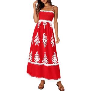 PRETTYGARDEN Summer Dress for Women 2026 Floral Sundress Spaghetti Strap Flowy Beach Vacation Boho Maxi Dresses(Red White Floral)