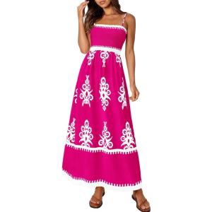 PRETTYGARDEN Summer Dress for Women 2026 Floral Sundress Spaghetti Strap Flowy Beach Vacation Boho Maxi Dresses(Rose Red White Floral)
