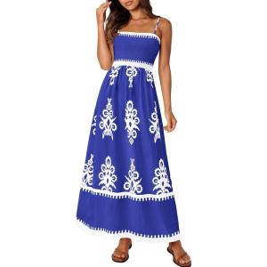 PRETTYGARDEN Summer Dress for Women 2026 Floral Sundress Spaghetti Strap Flowy Beach Vacation Boho Maxi Dresses(Royal Blue White Floral)