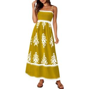 PRETTYGARDEN Summer Dress for Women 2026 Floral Sundress Spaghetti Strap Flowy Beach Vacation Boho Maxi Dresses(Turmeric White Floral)