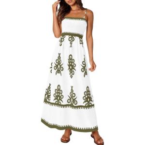 PRETTYGARDEN Summer Dress for Women 2026 Floral Sundress Spaghetti Strap Flowy Beach Vacation Boho Maxi Dresses(White Army Green Floral)