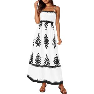 PRETTYGARDEN Summer Dress for Women 2026 Floral Sundress Spaghetti Strap Flowy Beach Vacation Boho Maxi Dresses(White Black Floral)