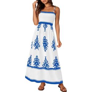 PRETTYGARDEN Summer Dress for Women 2026 Floral Sundress Spaghetti Strap Flowy Beach Vacation Boho Maxi Dresses(White Blue Floral)