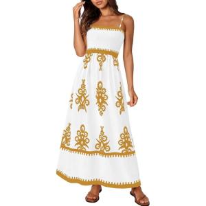 PRETTYGARDEN Summer Dress for Women 2026 Floral Sundress Spaghetti Strap Flowy Beach Vacation Boho Maxi Dresses(White Khaki Floral)