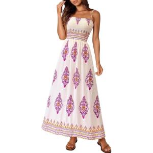 PRETTYGARDEN Summer Dress for Women 2026 Floral Sundress Spaghetti Strap Flowy Beach Vacation Boho Maxi Dresses(White Rose Red Floral)