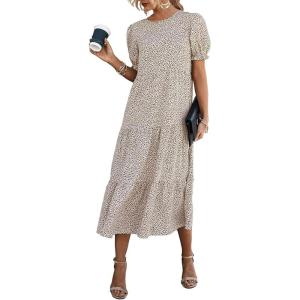 PRETTYGARDEN Summer Dresses for Women 2026 Casual Floral Boho Midi Sun Dress Puff Short Sleeve Flowy Beach Vacation Sundress(APRICOT)