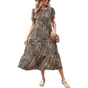 PRETTYGARDEN Summer Dresses for Women 2026 Casual Floral Boho Midi Sun Dress Puff Short Sleeve Flowy Beach Vacation Sundress(Black/Beige)