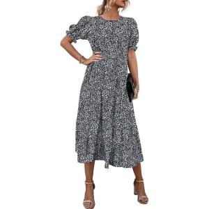 PRETTYGARDEN Summer Dresses for Women 2026 Casual Floral Boho Midi Sun Dress Puff Short Sleeve Flowy Beach Vacation Sundress(Black/White)